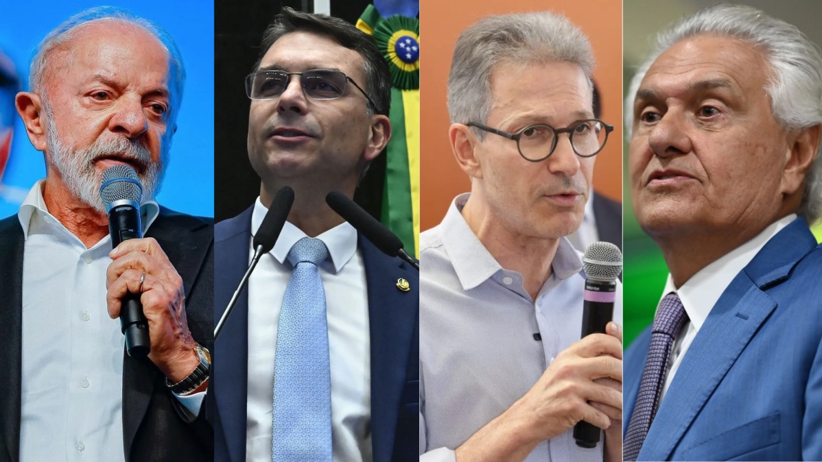 O presidente Luiz Inácio Lula da Silva (PT), o senador Flávio Bolsonaro (PL-RJ), o ex-governador Romeu Zema (Novo) e o ex-governador Ronaldo Caiado (PSD)  • Arte CNN Brasil
