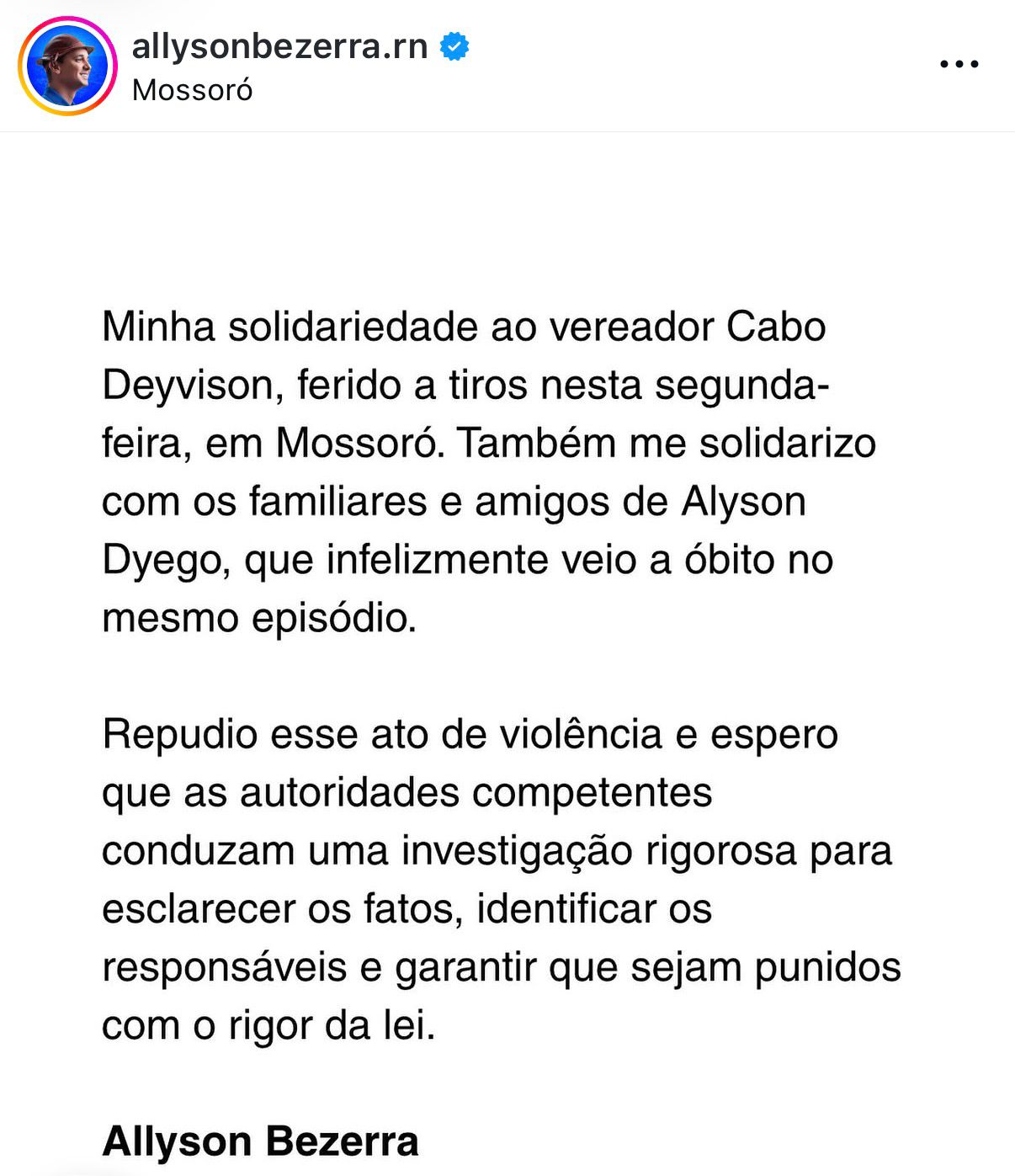 Allyson Bezerra se solidariza com vereador e cobra 