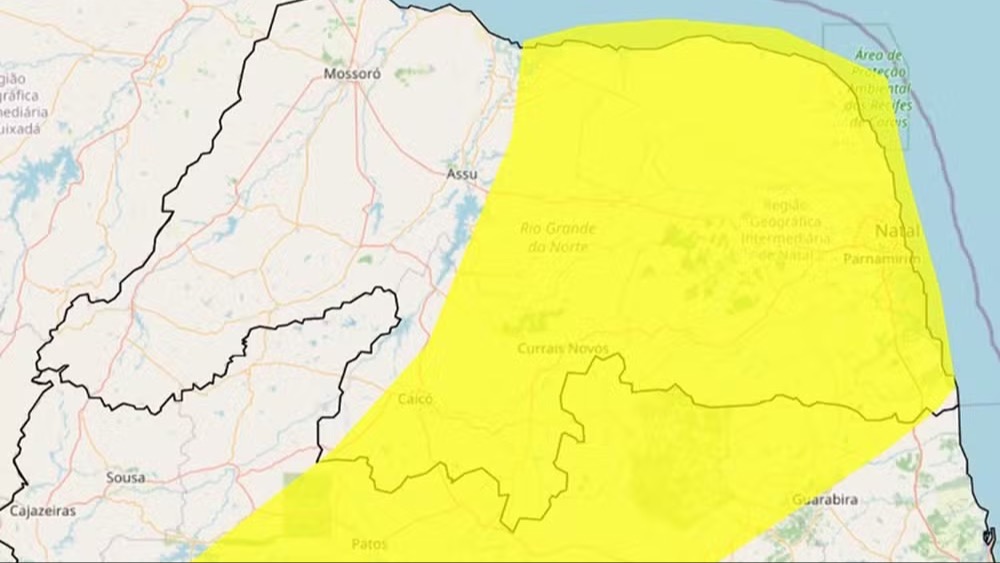 Alerta do Inmet prevê ventos entre 40 km/h e 60 km/h em 110 municípios do Rio Grande do Norte. - Foto: Reprodução/Inmet