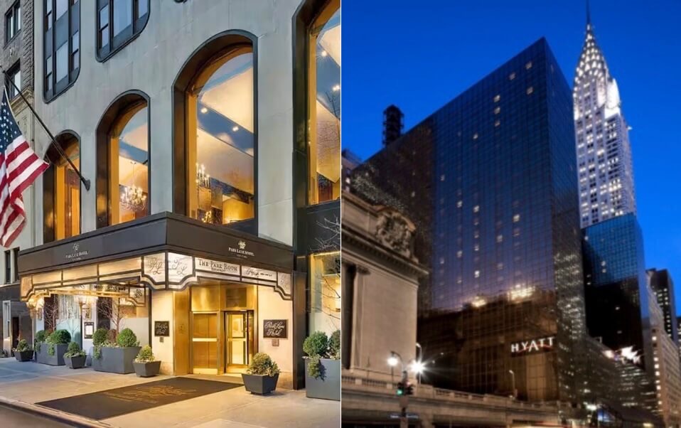 A comitiva foi mantida em separado, no Hotel Park Lne (esq.), mas Lula escolheu o Grand Hotel Hyatt, altíssimo luxo.
