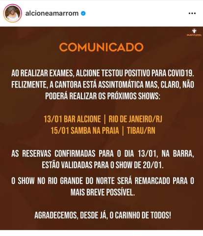 Alcione está com Covid e cancela show em Tibau