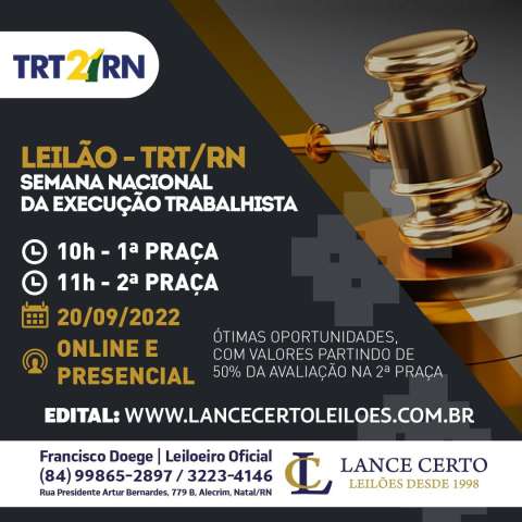 Oportunidade: TRT 21 realiza grande leilão no dia 20 de setembro
