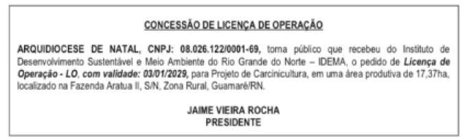 Igreja é agro: Arquidiocese de Natal ganha licença para fazenda de carcinicultura