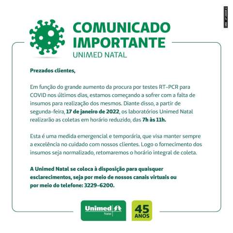 Unimed Natal admite falta de testes para covid e restringe serviço 